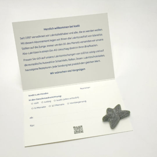 Receive 6 different salty liquorice mixes by post for half a year. Please send us an e-mail or add a note at „comments“ with i