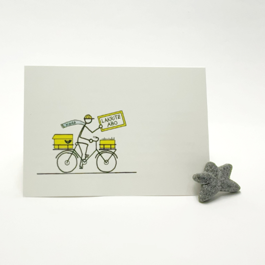 Receive 12 strong and salty liquorice a month by post for a year. Please send us an e-mail or add a note at „comments“ with in