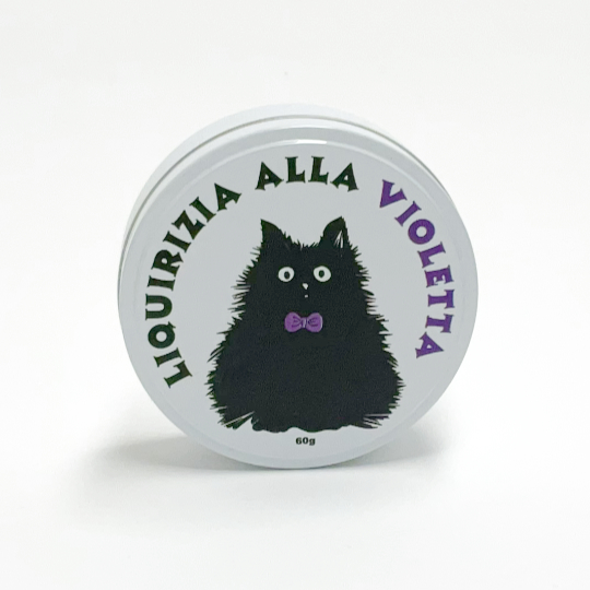 Round tin filled with liquorice with violet, german