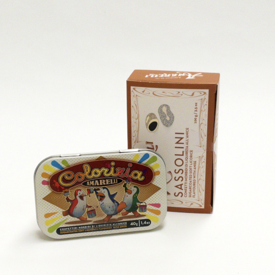 Two tins with pure and fruity coated liquorice, italian