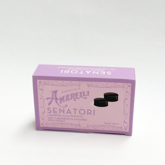 Sweet bitter liquorice with natural flavour of violet in the box, italian
