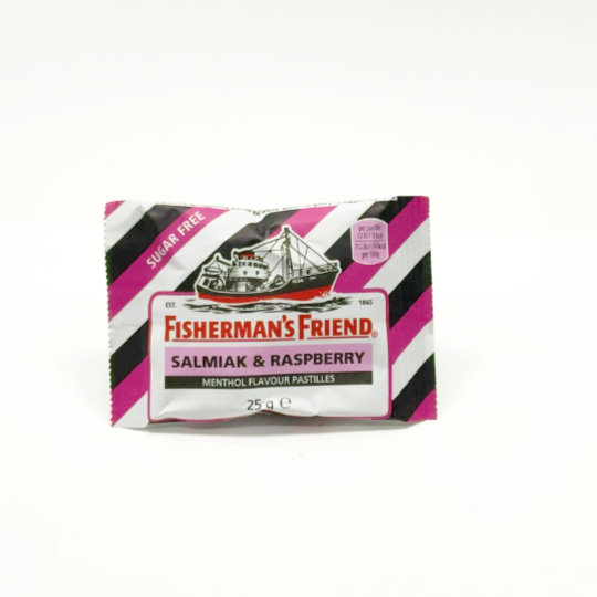 Bag pressed salmiac-raspberry-pastilles, english