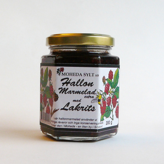 Aromatic jam with liquorice and raspberry in a jar, swedish