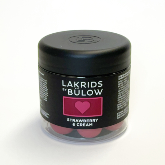 Box liquorice marbels in white chocolate and strawberry extract by Johan Bülow, danish