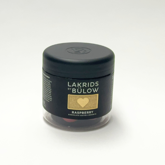 Box liquorice marbels in white chocolate and raspberry extract by Johan Bülow, danish