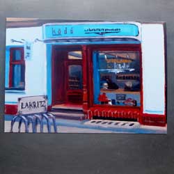 Printed post card with view of the kado shop, painting by William Wires. Suitable as a greeting card with a liquorice surprise