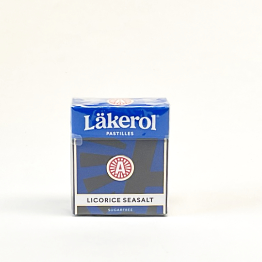Firm liquorice pastilles with sea salt and sweetener in a box, swedish