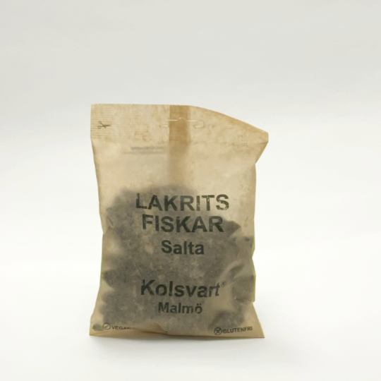 Bag with salty and soft liquorice fishes, swedish