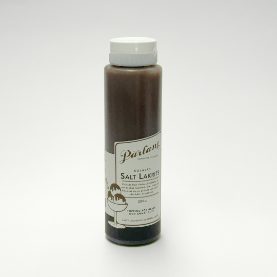 Tube of slightly salty liquorice caramel sauce ideal for desserts and over ice cream, swedish