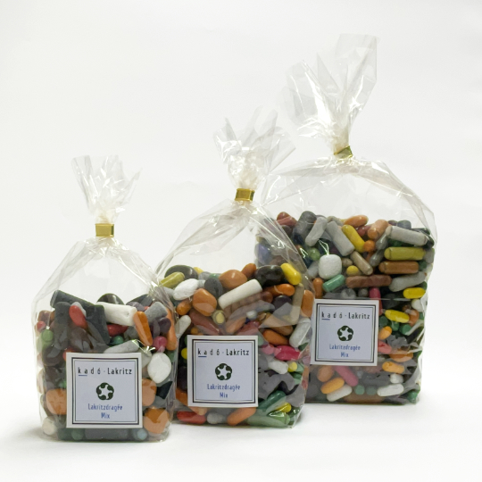 Sweet and gaudy mix of sugar coated liquorice with minty and fruity taste
