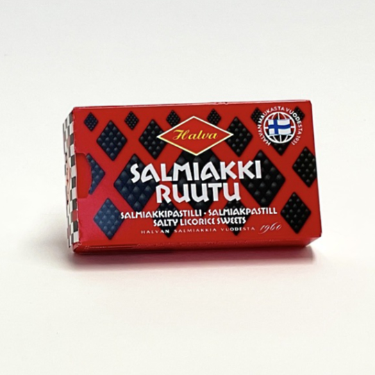 Box with salty liquorice squares, finnish