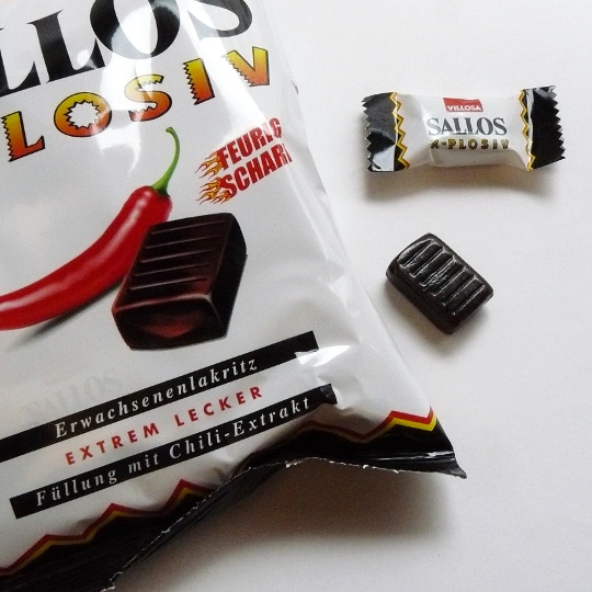 Bag with strong liquorice candy filled with chili, german