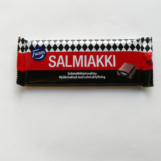 Bar milk chocolate filled with creamy soft salmiak, finnish