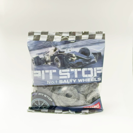 Bag with salty sprinkled liquorice tyres, swedish