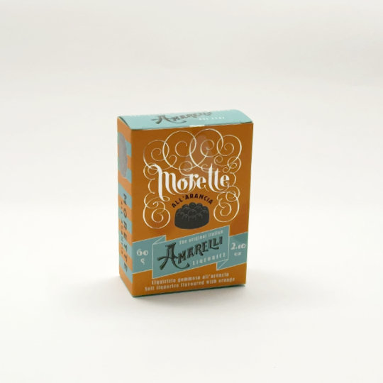 Sweetbitter liquorice with natural flavour of orange in a box, italian