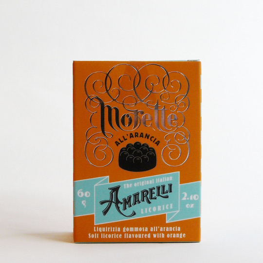 Sweetbitter liquorice with natural flavour of orange in a box, italian