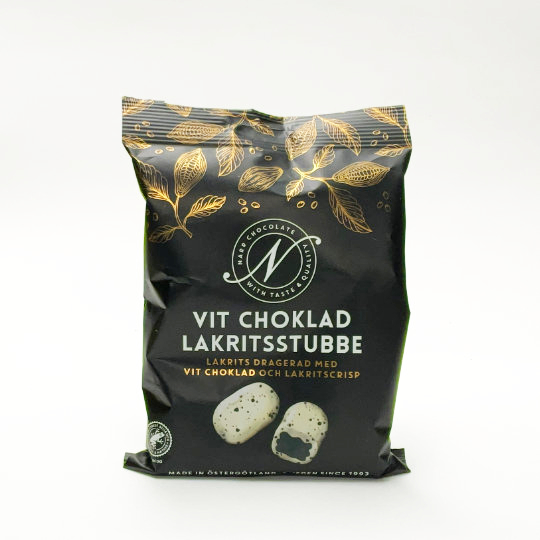 Bag liquorice covered with white and crispy chocolate, swedish