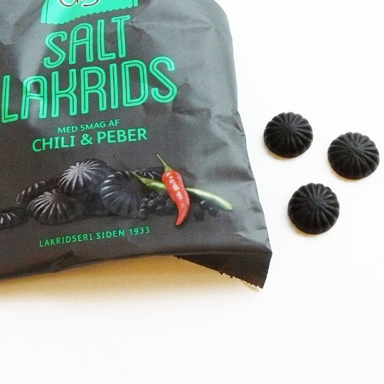 Bag with strong liquorice with chili and pepper, danish