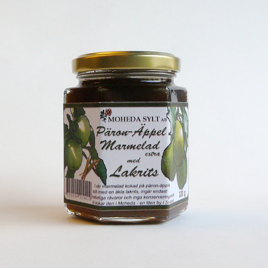 Jummy apple-pear jam with liquorice in a jar, swedish