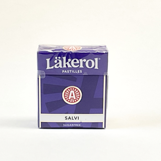 Firm liquorice pastilles with sage and sweetener in a box, swedish