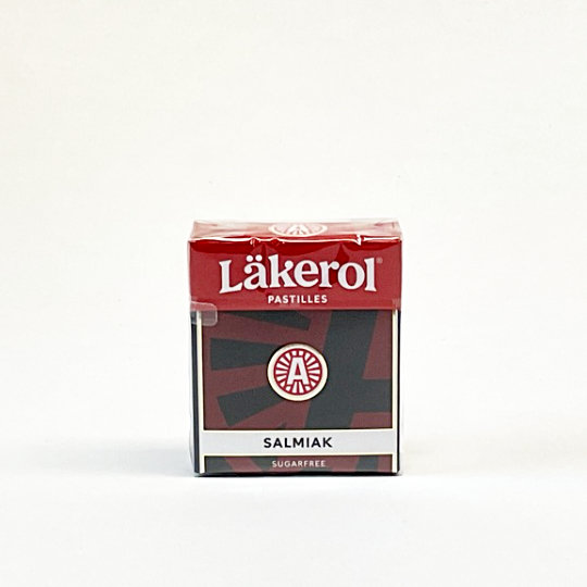 Firm liquorice pastilles with ammonium salt and sweetener in a box, swedish