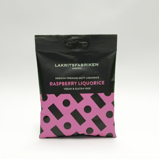 Bag of soft and salty liquorice with the flavour of raspberry, swedish