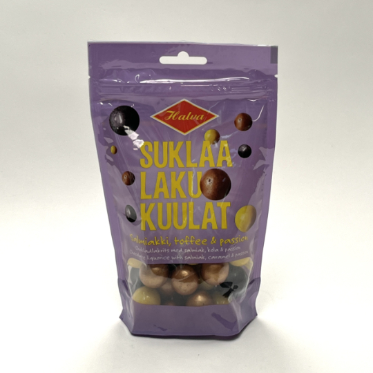 Bag with marbles with chocolate and liquorice kernel, finnish