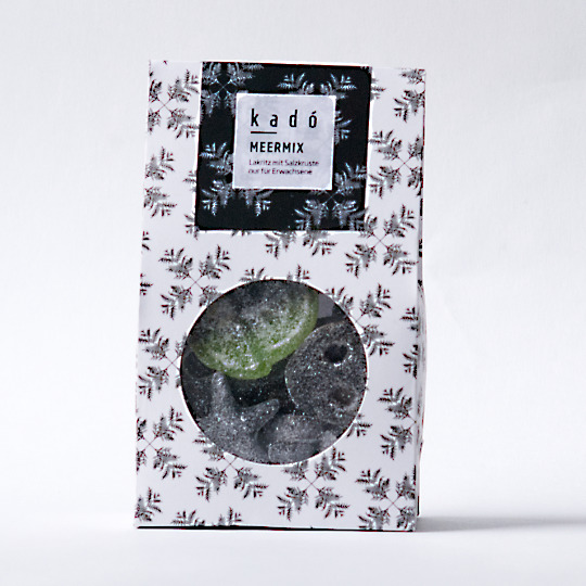 Broad mix of extra strong salty liquorice for adults only in a decorative design bag