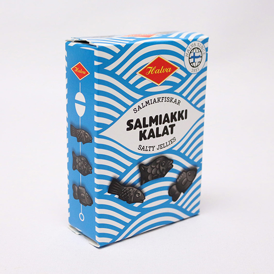 Schachtel würzige Lakritzfische, finnisch