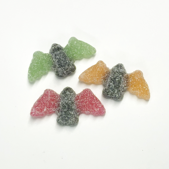 Fruity sour liquorice-winegum vampires with sprinkles, danish