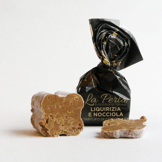 Delicious pralines with haselnuts and liquorice, italian