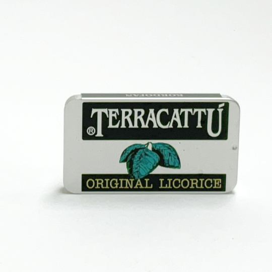 Tin silver liquorice with terracattu in the tin, italian