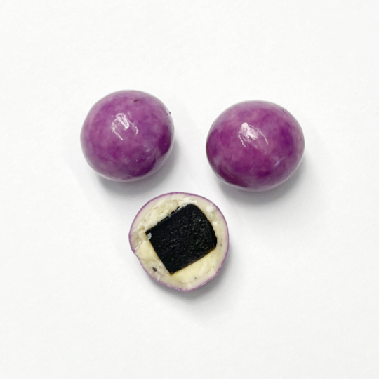Choco liquorice marbles with violet coating, swedish